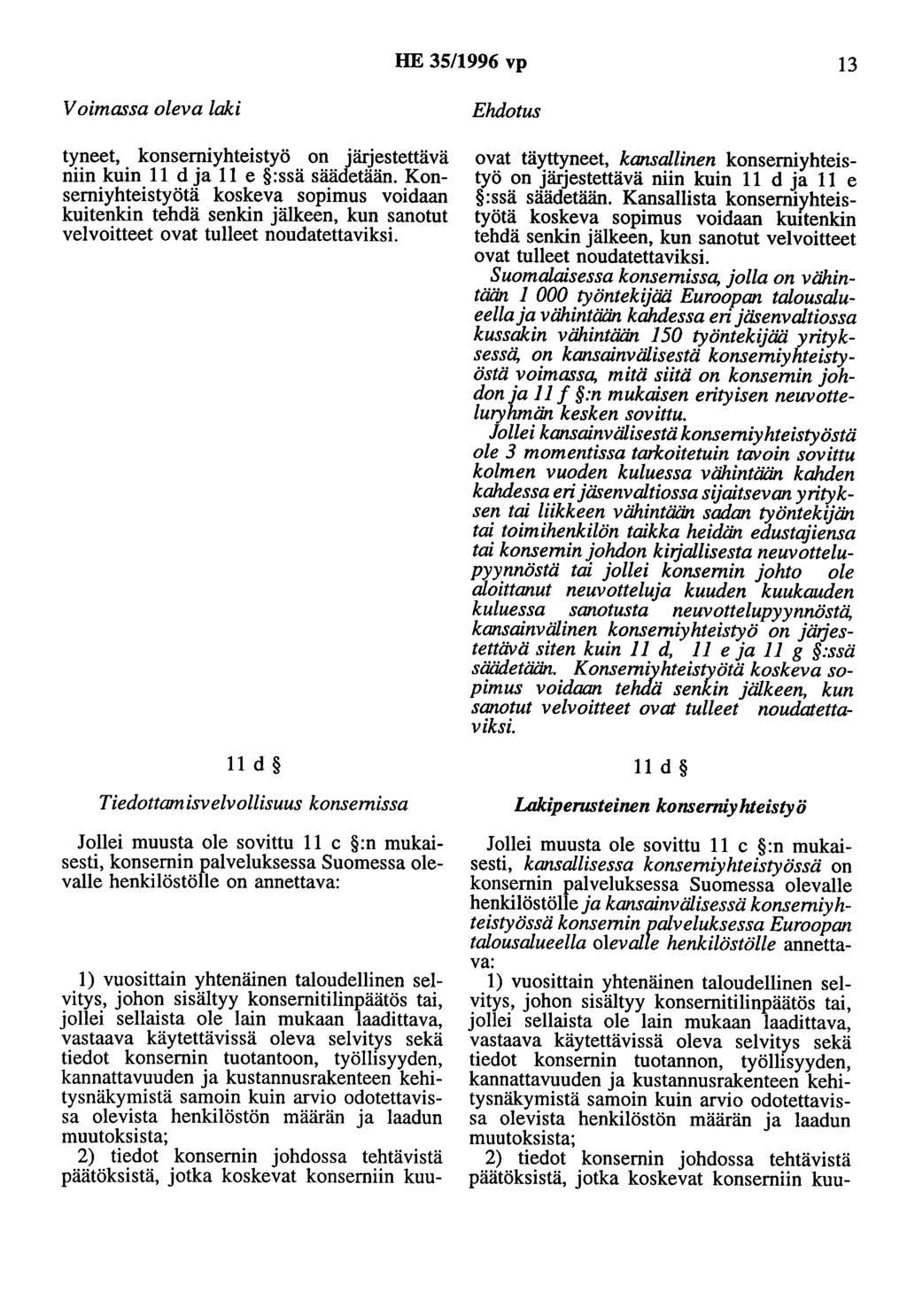 HE 35/1996 vp 13 Voimassa oleva laki tyneet, konserniyhteistyö on järjestettävä niin kuin 11 d ja 11 e :ssä säädetään.