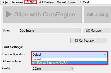 Käynnistä Repetier-Host b. Siirry Slicer- välilehdelle. c. Aktivoi CuraEngine d. Siirry Configuration valikkoon. 2. Tulostimen asetusten lataus a. Valitse Cura b.