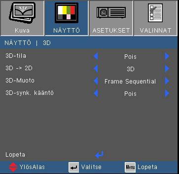 Käyttäjän ohjaimet NÄYTTÖ 3D 3D-synk. kääntö on käytössä ainoastaan kun 3D on voimassa ja tämä 3D tila on vain DLP linkki lasille.