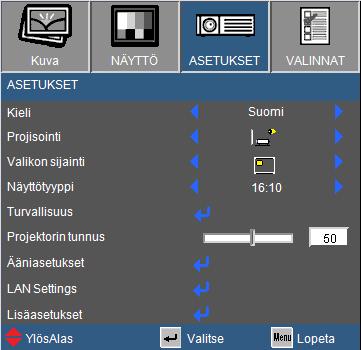 Käyttäjän ohjaimet ASETUKSET Kieli Valitse monikielinen näyttövalikko.