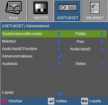 Käyttäjän ohjaimet ASETUKSET Ääniasetukset Sisäänrakennettu kaiutin Valitse Päällä tai Pois päältä ja käynnistä tai sammuta sisäinen kaiutin. Mykistys Valitsemalla Päälle voit mykistää äänen.