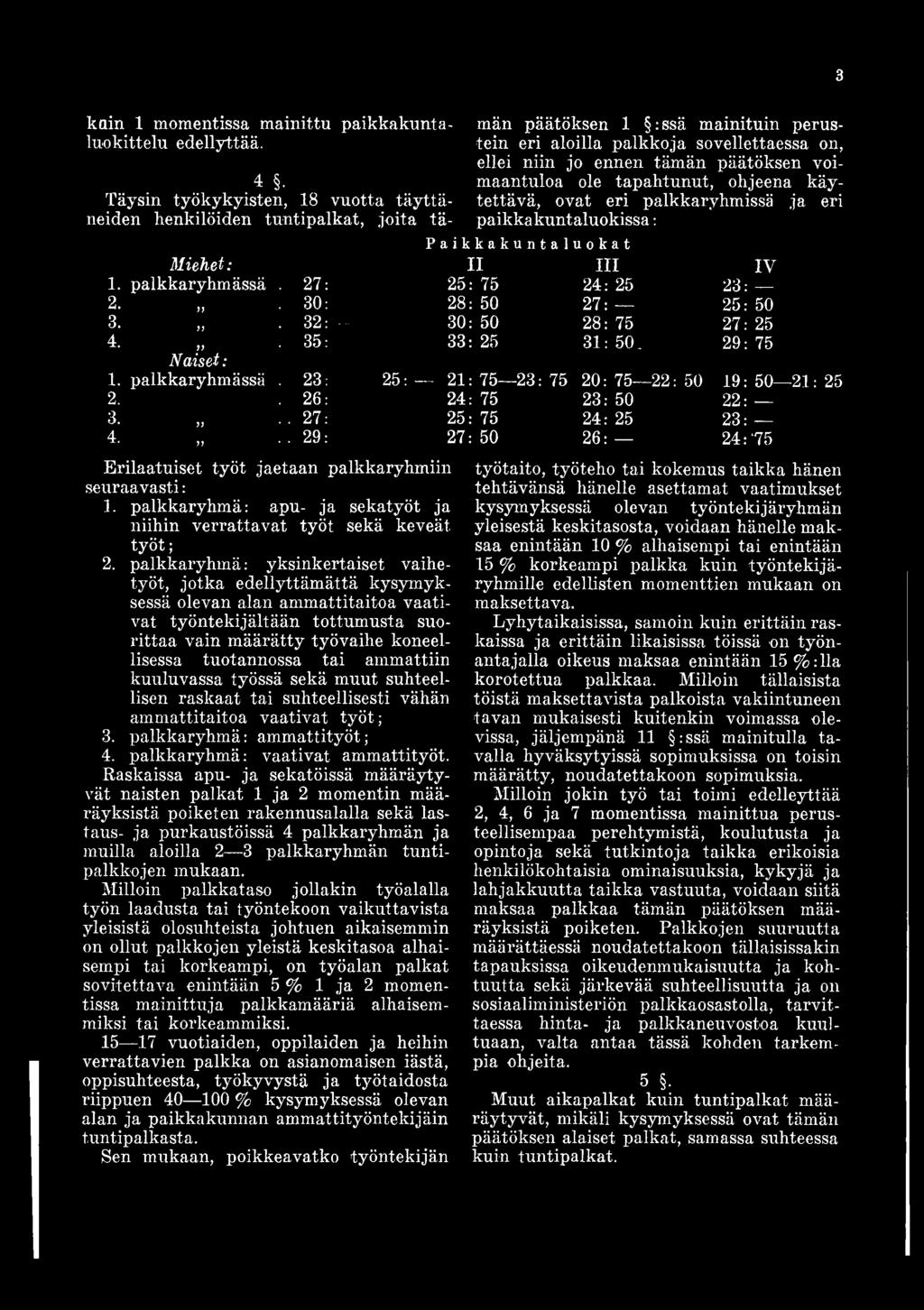 )} ** 27 25: 75 24: 25 23: 4. )) *' 29 27: 50 26: 24: 75 Erilaatuiset työt jaetaan palkkaryhmiin seuraavasti: 1. palkkaryhmä: apu- ja sekatyöt ja niihin verrattavat työt sekä keveät työt; 2.