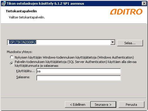 Tietokantapalvelimeksi asetetaan (ohjelma tarjoaa oletuksena) palvelin jossa Tikon tietokannat sijaitsevat. Syötä SQL serverin salasana.