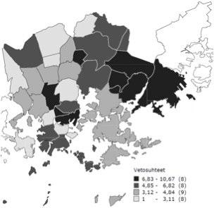 Kuvio 1. Havaittu sosiaalinen epäjärjestys Helsingin metropolialueella (Lag: interpoloitu alueellinen keskiarvo). Kartta: Perttu Saarsalmi. Kuvio 2.