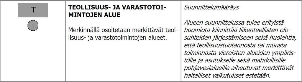 6 Keskustaajaman osayleiskaava Suunnittelualue on osayleiskaavassa teollisuus- ja varastoaluetta (T), teollisuusaluetta, jolla