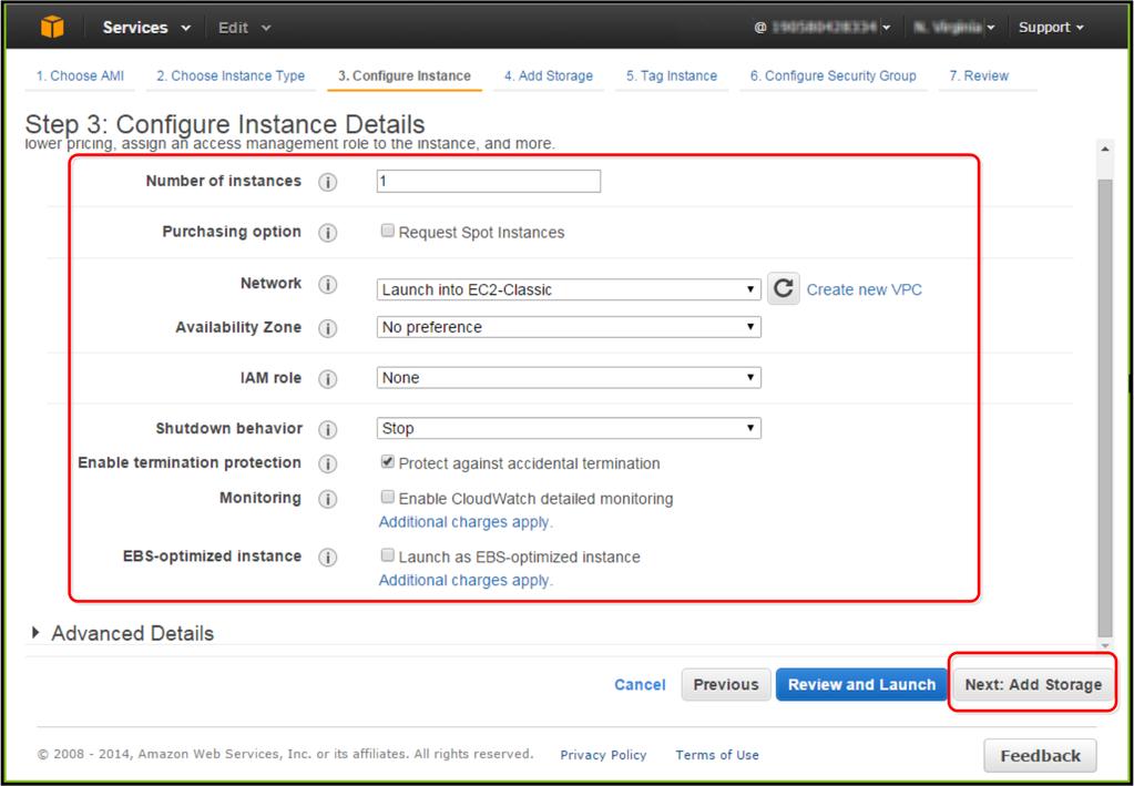 C McAfee epo -ohjelmiston asentaminen AWS-palvelimeen AWS-palvelimen luominen 6 Valitse Next: Configure Instance Details. Näkyviin tulee Step 3: Configure Instance Details -sivu.