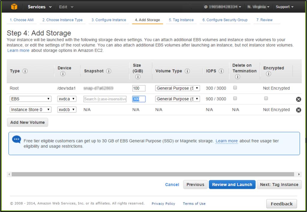 McAfee epo -ohjelmiston asentaminen AWS-palvelimeen AWS-palvelimen luominen C 8 Valitse Next: Add Storage. Näkyviin tulee Step 4: Add Storage -sivu.