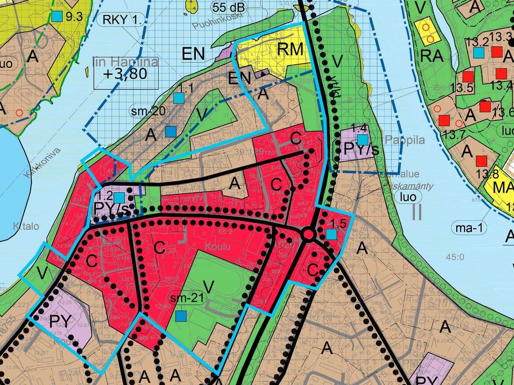 Yleiskaava Ote voimassaolevasta osayleiskaavasta. Suunnittelualueella on voimassa Iin kunnanvaltuuston 29.2.2016 hyväksymä Iin keskustaajaman osayleiskaava.