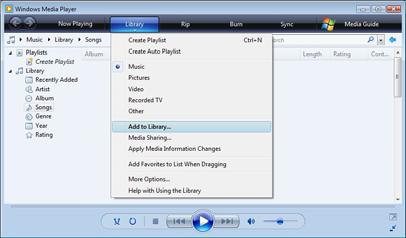 Kansioiden määrittäminen jaettaviksi Valitse Windows Media Player -soittimen valikosta Library (Kirjasto) ja valitse Add to Library (Lisää kirjastoon).