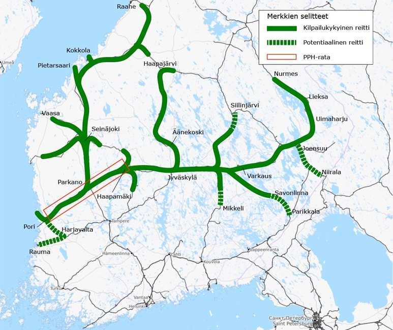 PPH-RADAN TALOUDELLINEN KÄYTTÖALUE JA KULJETUSKYSYNTÄ PPH-rata lyhentää kuljetusmatkaa eniten (noin 100 km) pääradan Parkanon pohjoispuolisten alueiden ja Porin välisiä kuljetuksia.