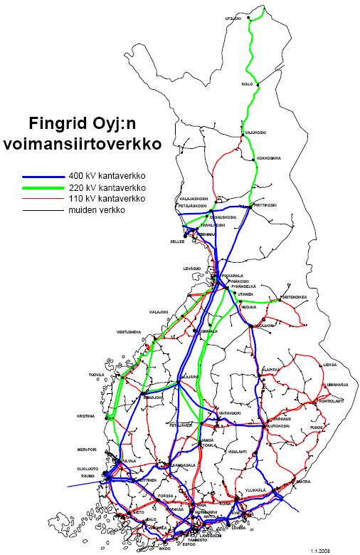 12 Kuva 4. Kantaverkko 2008 (Fingrid Oyj. 2011b ) Ruotsi tuottaa Suomen tapaan suuren osan sähköstään ydinvoimalla, mutta sillä on myös huomattavasti Suomea enemmän vesivoimatuotantoa.