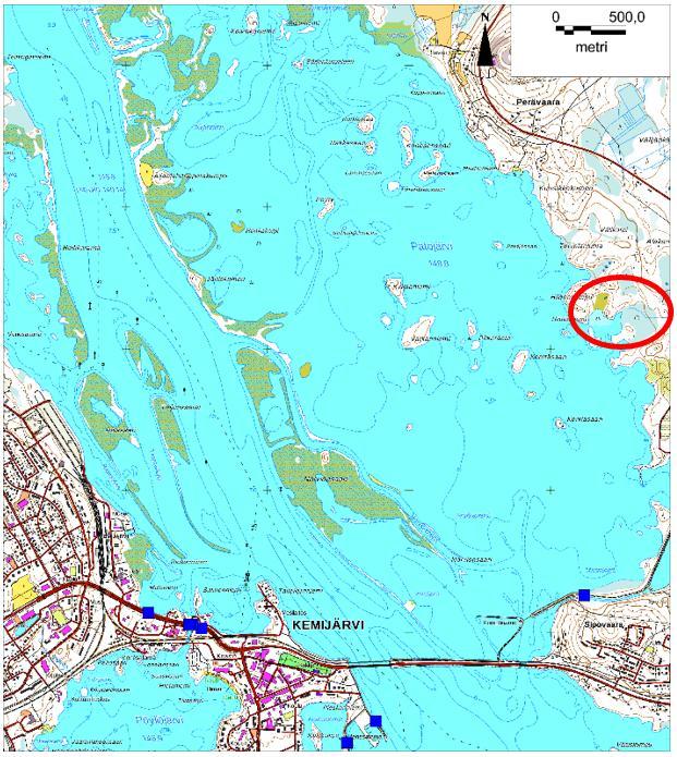 Kuva 4.3-7. Padot ja syvyyskäyrät Patojärvi.