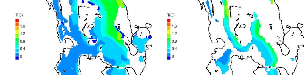 2013) tilanteessa (Kuvat 4.3-33 ja 4.3.-35). Pienemmällä virtaamalla (talvi 2013 2014) syvyysvyöhykkeellä 3 4 metriä tapahtuva yli 1,2 C:n lämmönnousun alue (Kuva 4.