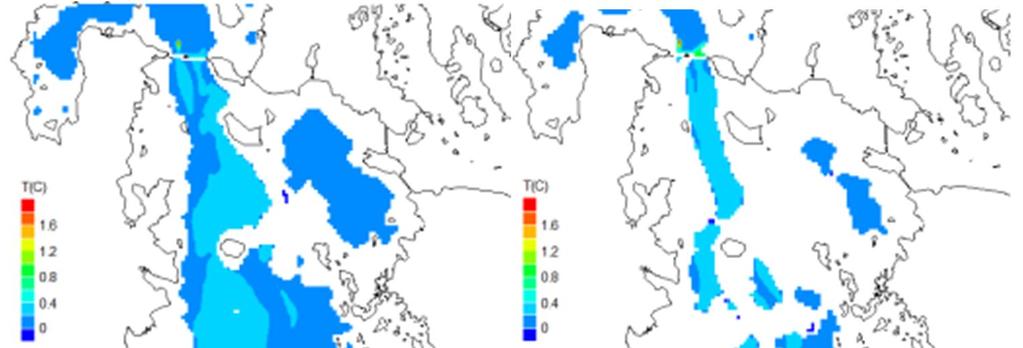 Kuva 4.3-46. Veden lämpötilat maksimaalisella tuotannolla syntyvällä lämpöpäästöllä purkupaikkavaihtoehdolla P2a helmikuun lopun 2012 tilanteessa (Lauri 2016).