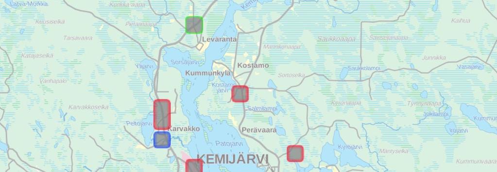 Kuva 4.6-3. Vuosien 2012-2014 henkilövahinkoon johtaneet liikenneonnettomuudet (vuosi 2012 = punaharmaa, vuosi 2013 = viherharmaa, vuosi 2014 = siniharmaa), Paikkatietoikkuna, 2016.