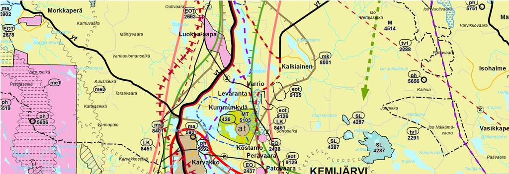 Kuva 4.10-2. Ote vireillä olevasta maakuntakaavasta (ehdotus 28.11.2016). Kuvaan on lisätty hankealueen likimääräinen sijainti sinisellä ympyrällä.