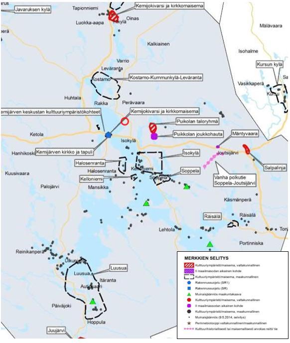 Kuva 4.11-16. Kemijärven kulttuuriympäristön kannalta arvokkaat kohteet hankealueen ympäristössä (Lapin liitto, 2016).