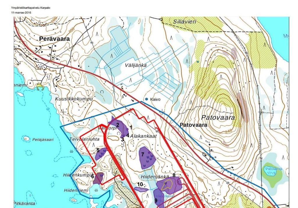 Kuva 4.12-1. Hankealueen arvokkaat luontokohteet ja lajit (ERP Lumi ja turve 2015 ja PK Jooga ja luonto 2016a). Kohteilla 1, 3, 4, 5, 6, 7, 8 ja 9 on lähteitä, lähdesoita ja lähdepuroja.