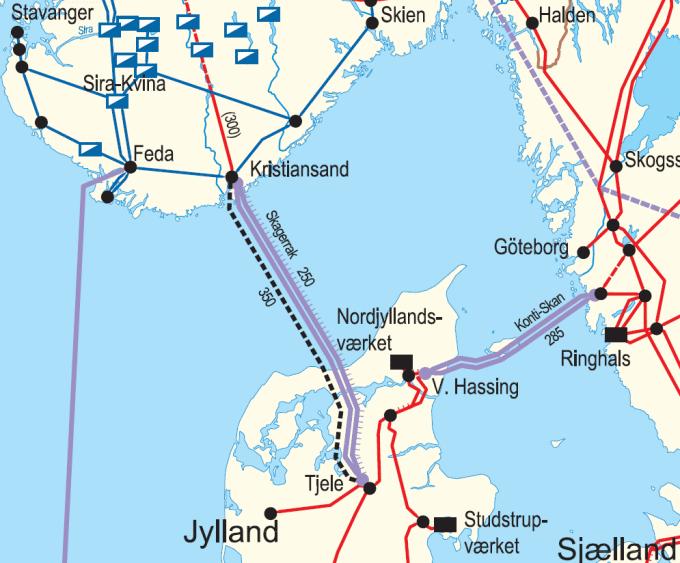 16 Skagerrak IV Kuvaus: Skagerrak on nykyisin 1000 MW tehoinen yhteys Norjan Kristiansandin ja Tanskan Tjelen välillä. Statnett ja Energinet.