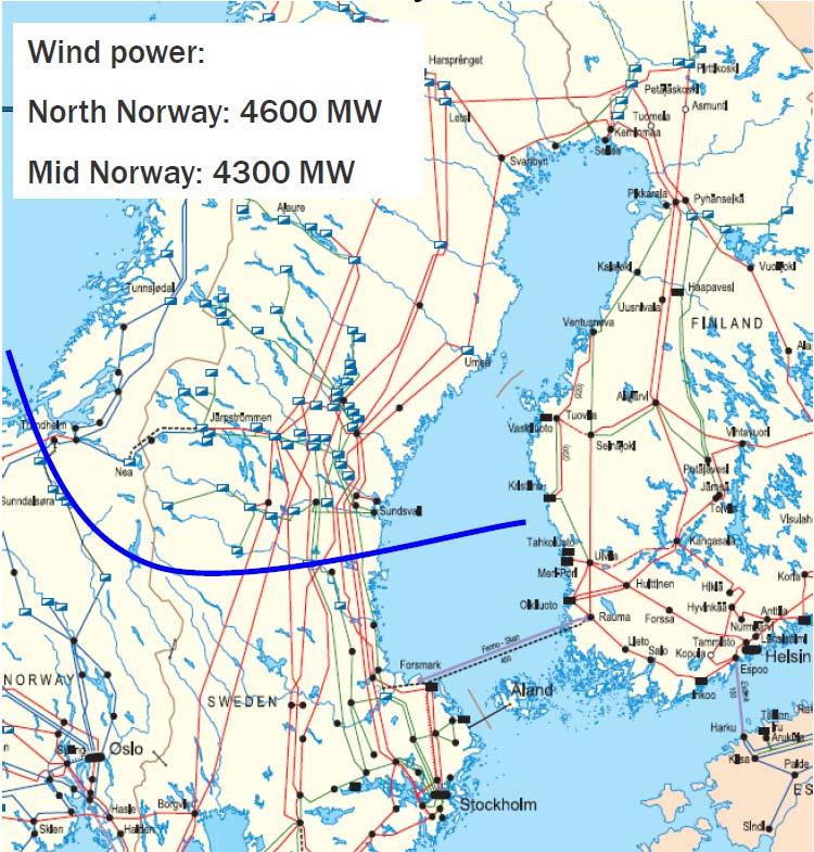 19 Ruotsin ja Norjan verkkojen siirtokyvyn lisääminen Lähtokohtana noin 8000 MW uutta tuulivoimaa sinisen