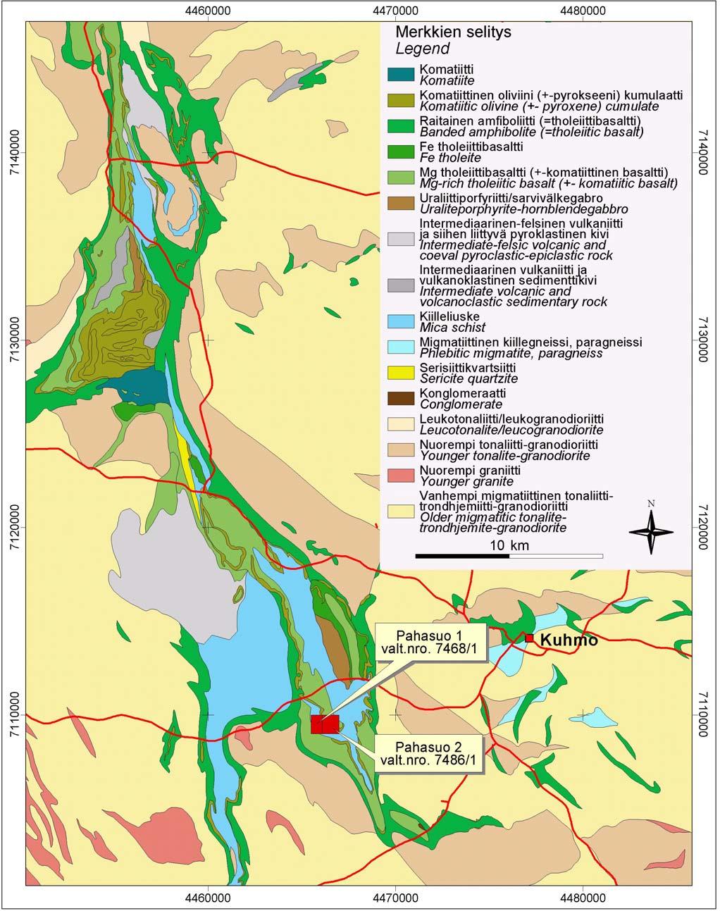 Kuva 2. Pahasuo 1 ja 2 valtausten sijainti Kuhmon vihreäkivivyöhykkeellä (kallioperä Luukkonen & al. 2002 mukaan).