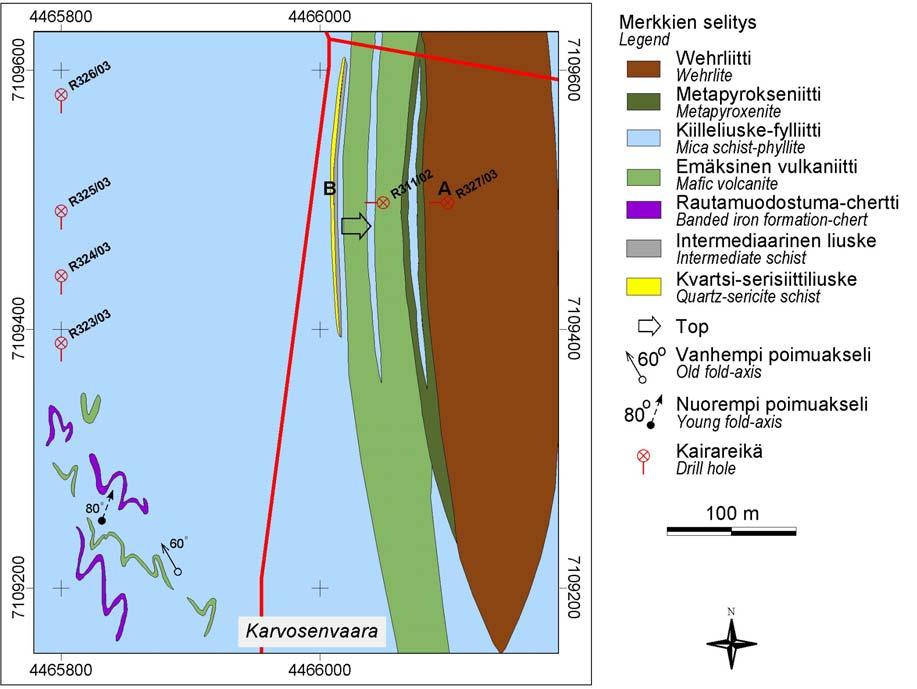 Kuva 5. Karvosenvaaran alueen kallioperä seitsemän kalliopaljastuman, kahden POKA-kairausprofiilin sekä aerogeofysiikan tulosten pohjalta (paikannus ks. kuva 4).