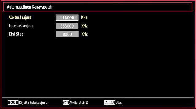 Voit syöttää taajuuden manuaalisesti numeronäppäimillä kauko-ohjaimessa. Aseta aloitus- ja lopetustaajuus numeropainikkeita käyttämällä kauko-ohjaimessa.