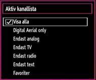 Hantera stationer: Sortera kanallista Välj Aktiv kanallista från menyn Kanallista med knappen eller. Tryck på OK-knappen för att fortsätta.