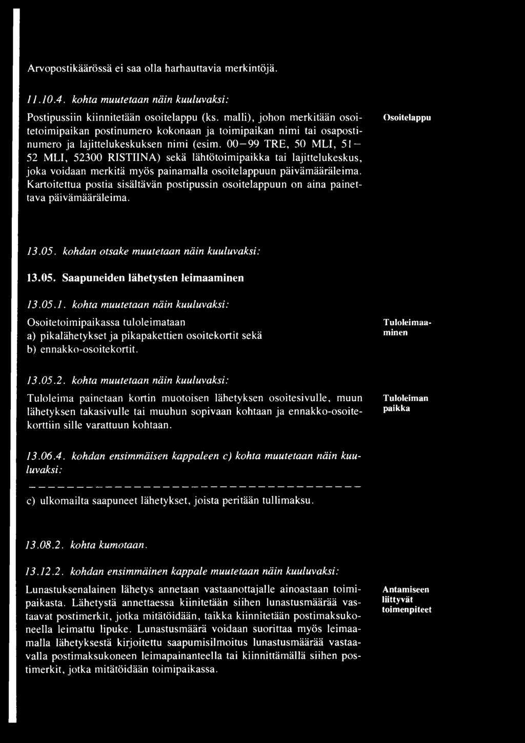 00 99 TRE, 50 MLI, 51 52 MLI, 52300 RISTIINA) sekä lähtötoimipaikka tai lajittelukeskus, joka voidaan merkitä myös painamalla osoitelappuun päivämääräleima.