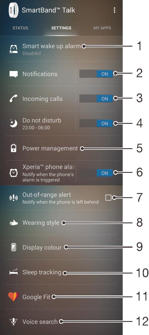 SmartBand Talk -laitteen asetukset Käyttäminen: SmartBand Talk -sovellus Voit tarkastella ja muuttaa SmartBand Talk-asetuksia Android -laitteen SmartBand Talk -sovellus -sovelluksessa.