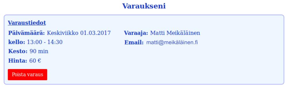 5 Varauksen poistaminen 5.1. Poistaminen kalenterissa Voit poistaa varauksen suoraan kalenterista painamalla varaustasi ja painamalla Poista -painiketta.