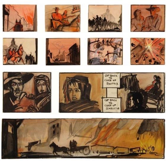 4 Kuvio 1. Kuvia Tuulen viemää (1939) elokuvan kuvakäsikirjoituksesta William Menziesin piirtämänä (Flavorwire.com 2012).