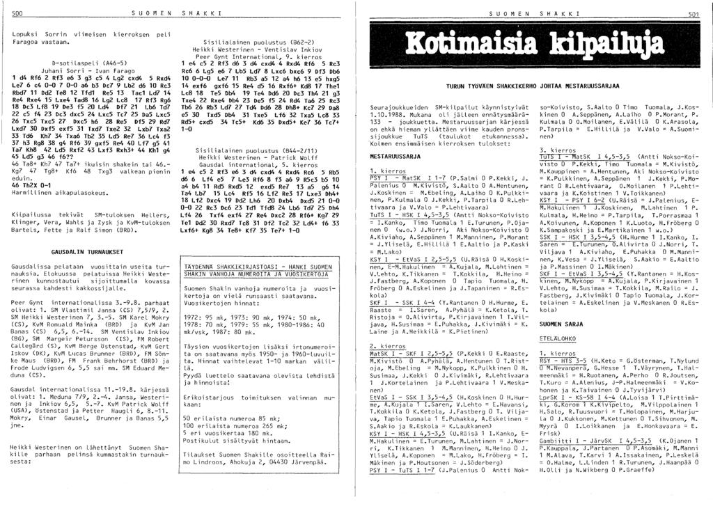 500 SUOMEN Lopuksi Sorrin viimeisen kierroksen peli Faragoa vastaan. D-sot i Laspe Li (A46-5) Juhani Sorri - Ivan Farago 1 d4 Rf6 2 Rf3 e6 3 g3 cs 4 Lg2 cxd4 S Rxd4 Le? 6 c4 0-0? 0-0 a6 b3 De?