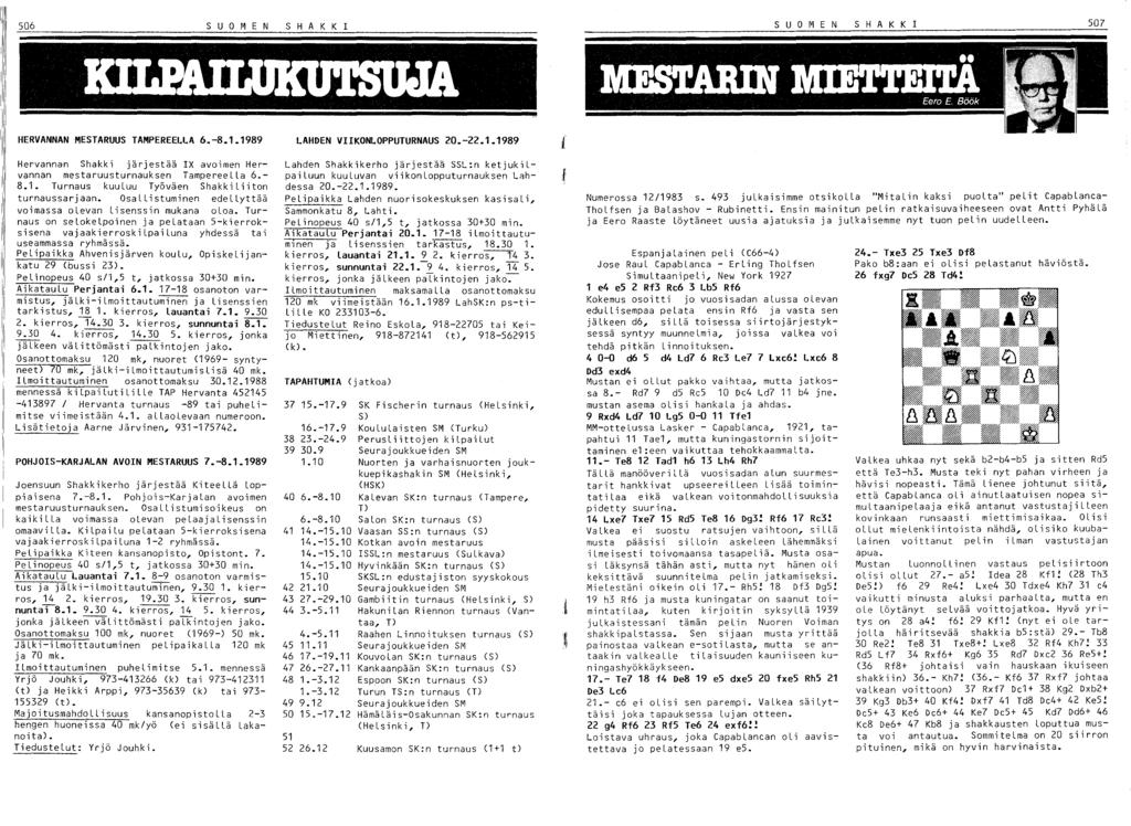 506 SUO M E N SHAKKI SUO M E N S H A K K 1 507 HERVANNAN MESTARUUS TAMPEREELLA 6.-8.1.1989 LAHDEN VIIKONLOPPUTURNAUS 20.-22.1.1989 Hervannan Shakki järjestää IX avoimen Hervannan mestaruusturnauksen Tampereella 6.