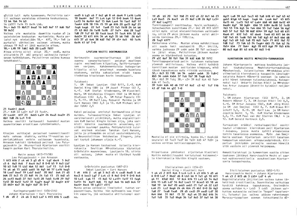 486 SUO M E N SHAKKI SUO M E N S H A K K 1 487 g5:llä tuli myös kyseeseen. Pelisiirto sal Lii valkean varmistaa otteensa keskustassa. 13 h4 Tb4 14 b3 14 Lb3?? Txf4 15 Dxf4 Lh6. 14.- Da5 15 Rbl!