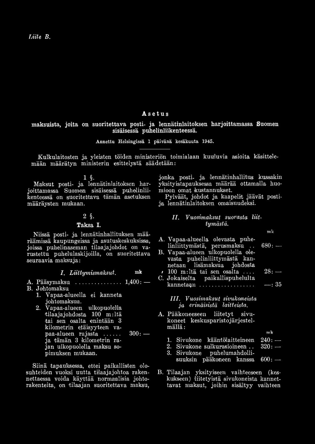 Liittymismaksut. A. Pääsymaksu... 1,400: B. Johtomaksu 1. Vapaa-alueella ei kanneta johtomaksua. 2.