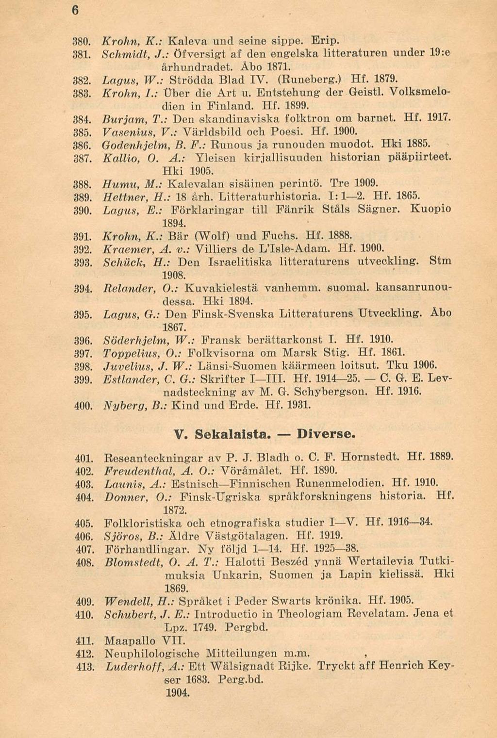 6 380. Krohn, K.: Kaleva und seine sippe. Erip. 381. Schmidt, J.: öfversigt af den engelska litteraturen under 19:e århundradet. Åbo 1871. 382. Lagus, W.: Strödda Blad IV. (Runeberg.) Hf. 1879. 383.