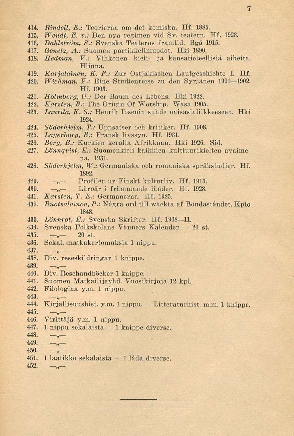 414. Rindell, E.: Teorierna om det komiska. Hf. 1885. 415. Wendt, E. v.: Den nya regimen vid Sv. teatern. Hf. 1923. 416. Dahlström, S.: Svenska Teaterns framtid. Bgå 1915. 417. Genetz, A.