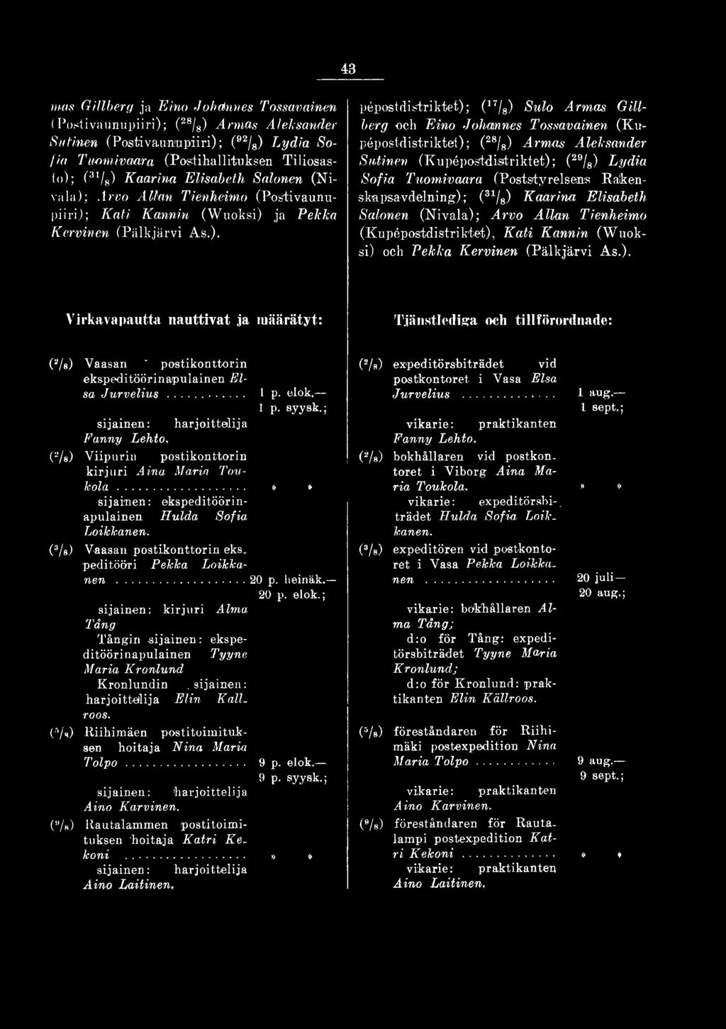 .. 1 P- eiok. 1 p. syysk.; Fanny Lehto. (2/s) Viipurin postikonttorin kirjuri Aina Maria Toukola...»» sijainen: Hulda Sofia Loikkanen. (3/s) Vaasan postikonttorin eks. peditööri Pekka Loikkanen...20 p.