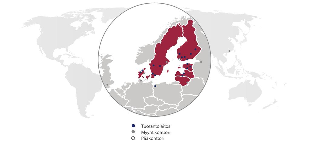 Liiketoiminta / HKScan lyhyesti / Markkina-alueet MARKKINA-ALUEET HKScanin tuotantotoiminnot sijaitsevat Itämeren alueella, mikä mahdollistaa tuotantokapasiteetin tehokkaan ja joustavan käytön