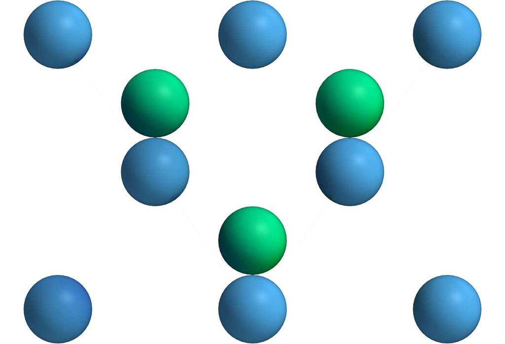2 Galliumarsenidin sinkkivälkekiderakenne. Galliumatomeita on merkitty kuvassa sinisillä ja arseeniatomeita vihreillä palloilla. Pallojen koot ja keskinäiset etäisyydet eivät vastaa todellisuutta.