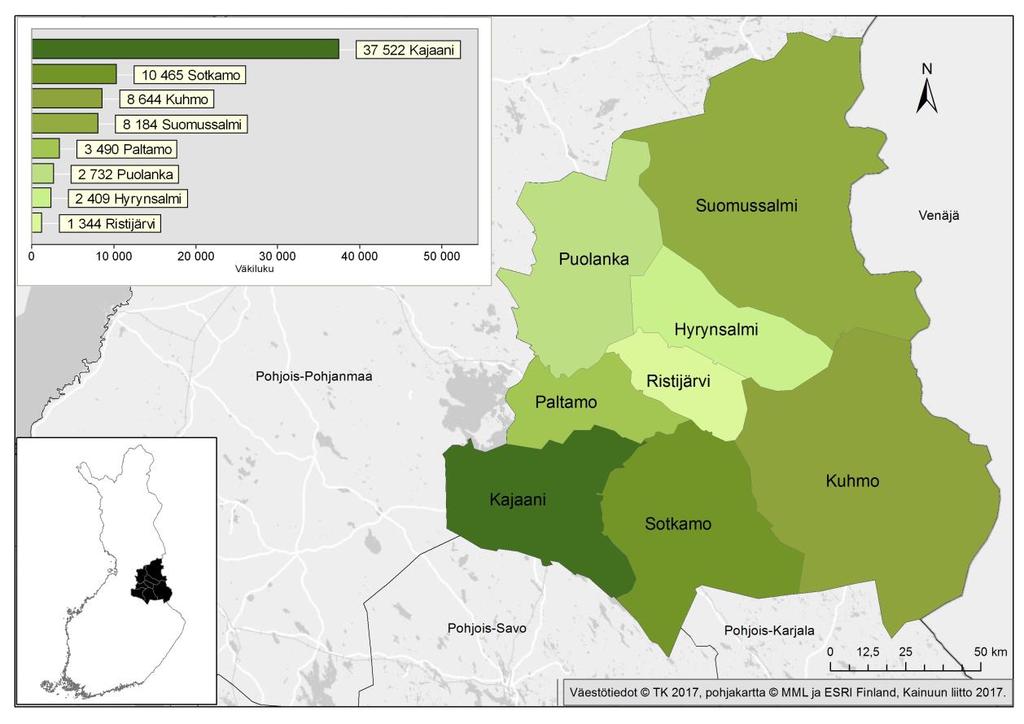 Kuva 2. Kainuun sijainti, alueen kunnat ja väkiluku (ennakkotieto 2016). Tilastokeskuksen ennakkotiedon mukaan Kainuussa on v.2016 yhteensä 74 790 asukasta.