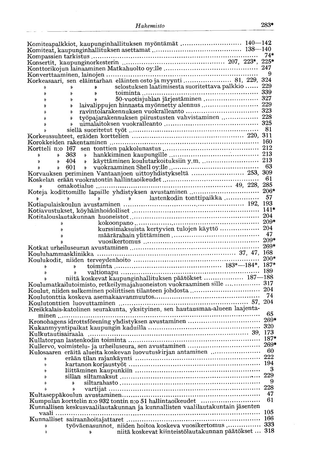 Hakemisto 283* Komiteapalkkiot, kaupunginhallituksen myöntämät 140 142 Komiteat, kaupunginhallituksen asettamat 138 140 Kompassien tarkistus 74* Konsertit, kaupunginorkesterin 207, 223*, 225*