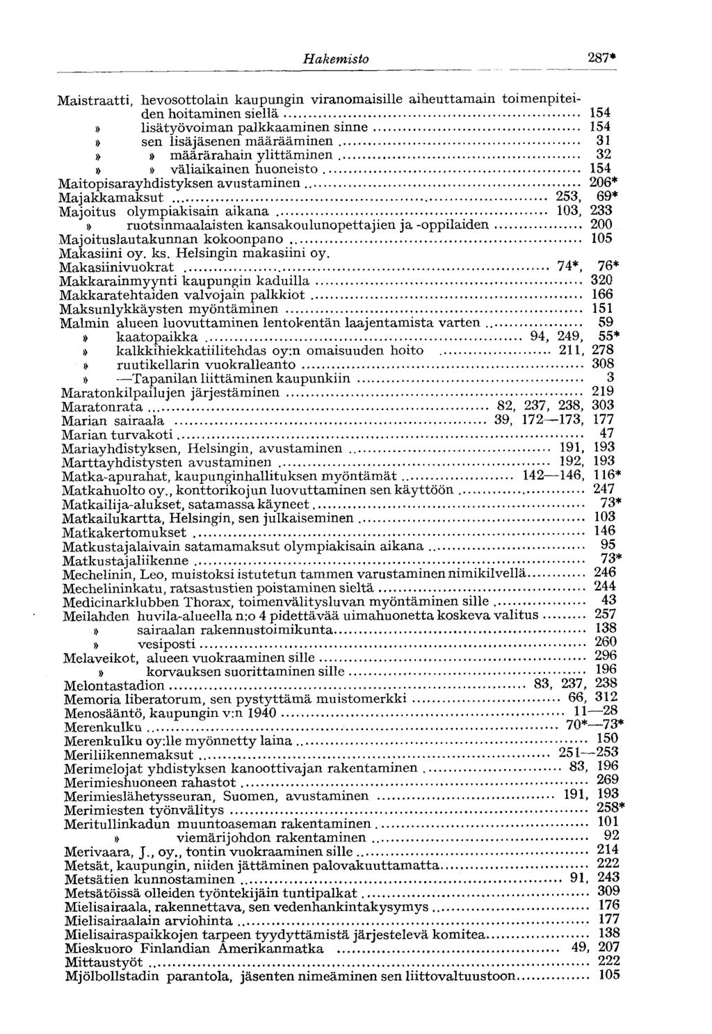 Hakemisto 287* Maistraatti, hevosottolain kaupungin viranomaisille aiheuttamain toimenpiteiden hoitaminen siellä 154 lisätyövoiman palkkaaminen sinne 154 sen lisäjäsenen määrääminen 31 määrärahain