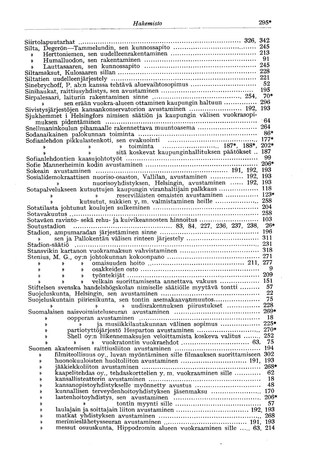 Hakemisto 295* Siirtolapuutarhat 326, 342 Silta, Degerön Tammelundin, sen kunnossapito 245 Herttoniemen, sen uudelleenrakentaminen 213 Humalluodon, sen rakentaminen 91 Lauttasaaren, sen kunnossapito