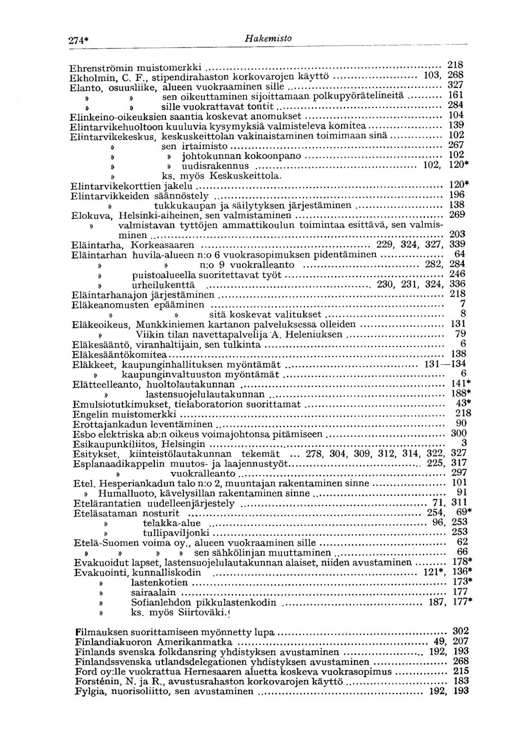 274* Hakemisto Ehrenströmin muistomerkki 218 Ekholmin, C. F., stipendirahaston korkovarojen käyttö 103, 268 Elanto, osuusliike, alueen vuokraaminen sille.