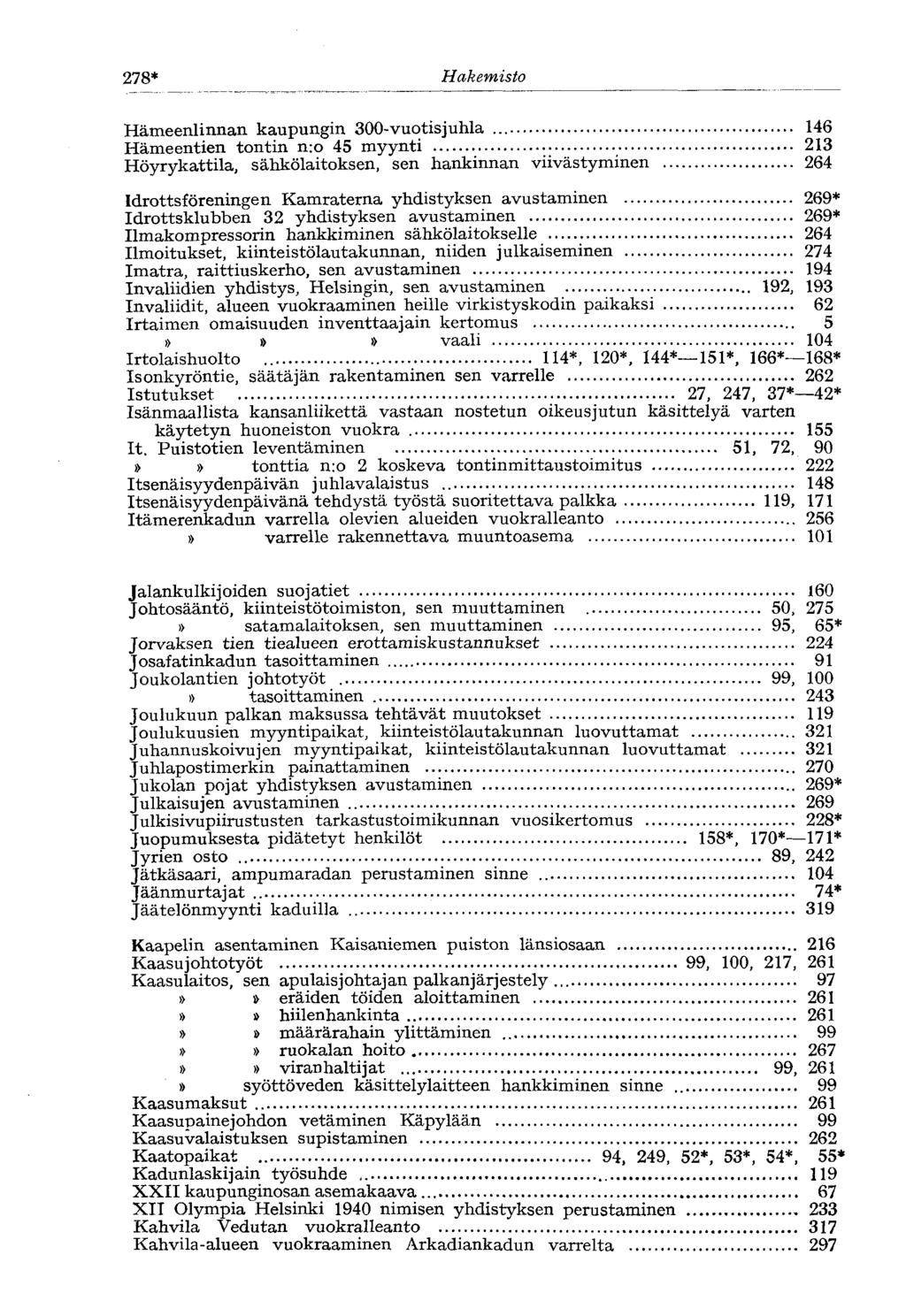278* Hakemisto Hämeenlinnan kaupungin 300-vuotis juhla 146 Hämeentien tontin n:o 45 myynti 213 Höyrykattila, sähkölaitoksen, sen hankinnan viivästyminen 264 Idrottsföreningen Kamraterna yhdistyksen