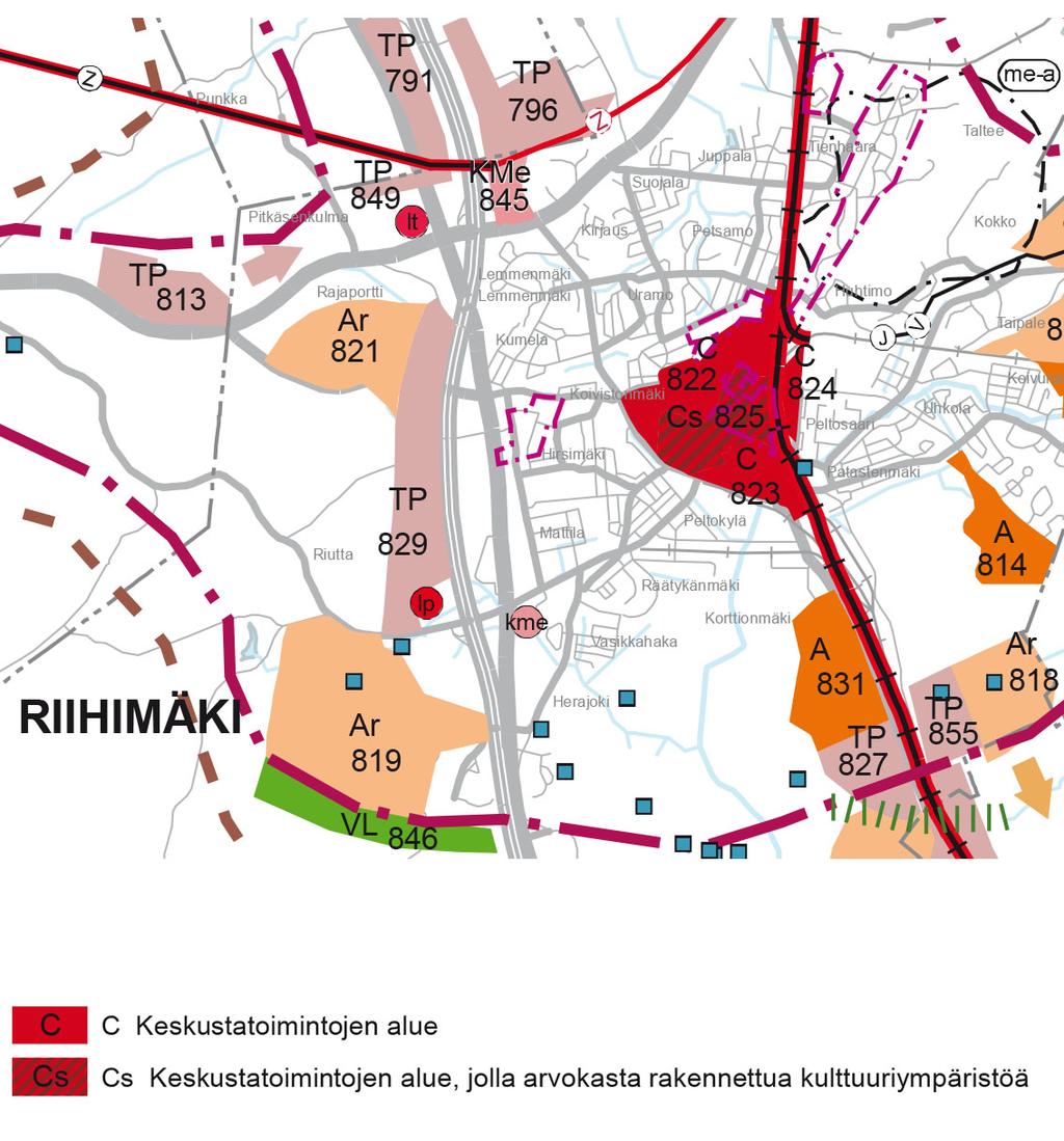 Kuva: 1. Vaihemaakuntakaava (2.4.2014), kaava-alue sijoittuu keskustatoimintojen alueelle (C) 4.2. Yleiskaava Riihimäen yleiskaava 2010 Kaupunginvaltuusto on hyväksynyt 9.6.