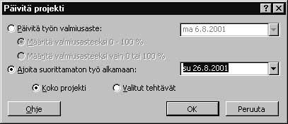 362 Microsoft Project 2000 Trainer 4 Osoita Työkalut-valikossa Seuranta-komentoa (Tracking) ja napsauta Päivitä projekti -komentoa (Update Project). Esiin tulee Päivitä projekti -valintaikkuna.