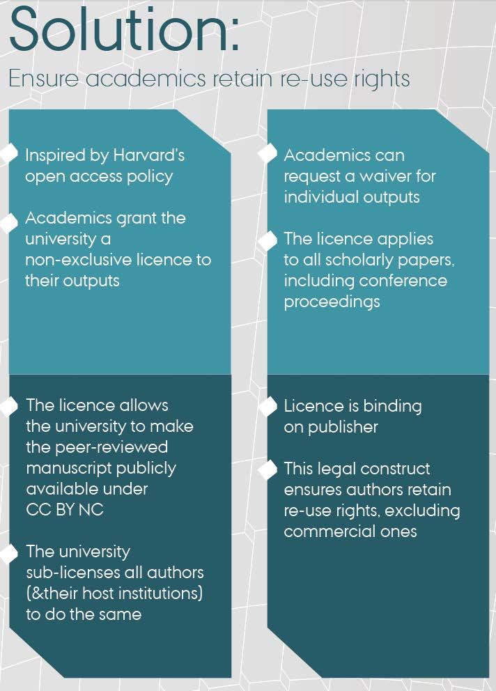 Mahdollisia ratkaisuja Iso-Britanniassa keskustelussa UK Scholarly Communications License and Model Policy - Banks (2016) ja Reimer (2016) ehdottavat jälkimmäistä kahdesta mallista: 1.